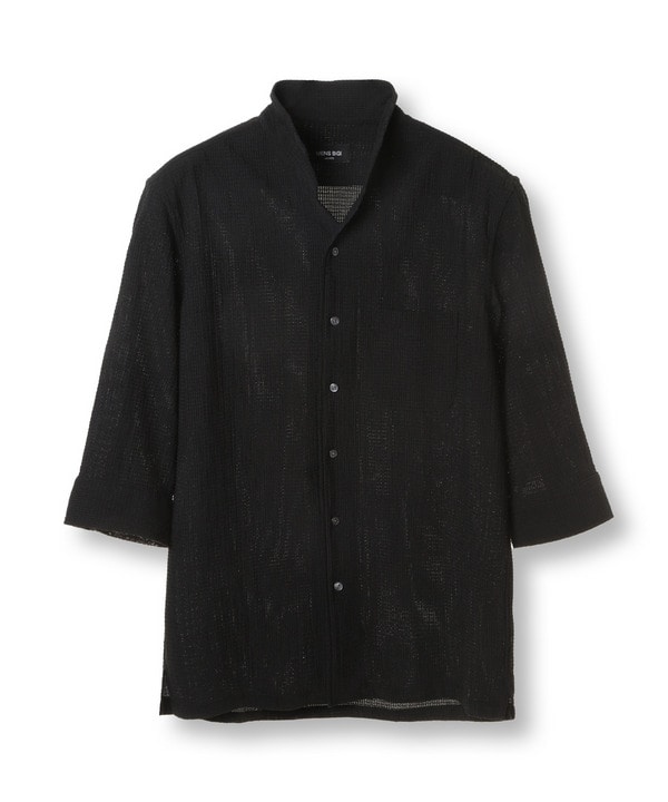 カラミ織風サッカー七分袖スタンドカラーシャツ<ストレッチ/通気性