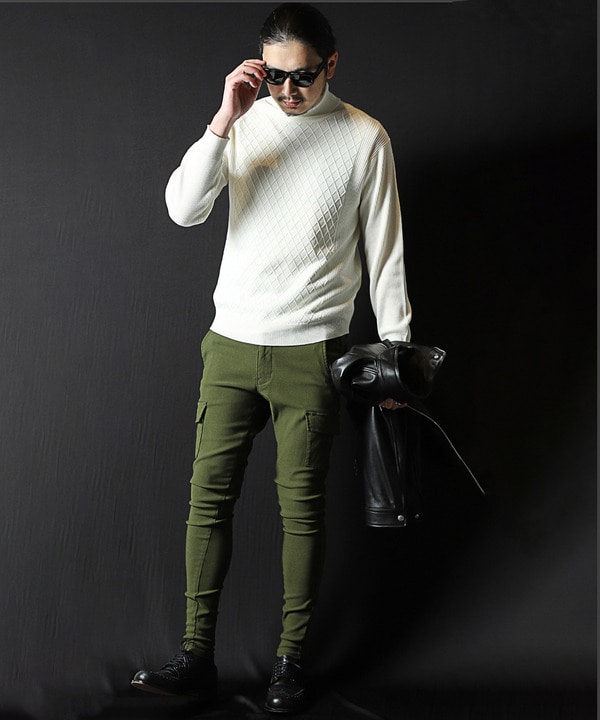 アーガイル×畦編みタートルネックニット｜メンズファッション