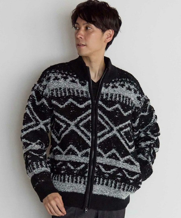 カウチンモチーフデザイン ZIPアップスタンドニットブルゾン｜メンズ