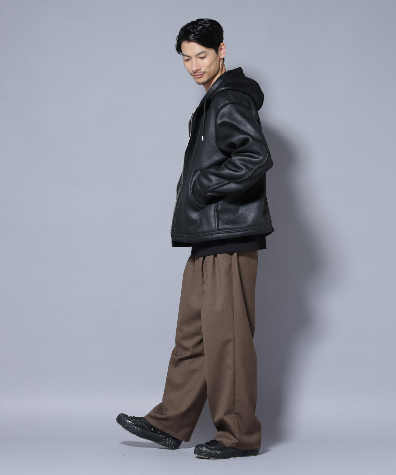 クラックフェイクムートンフードブルゾン