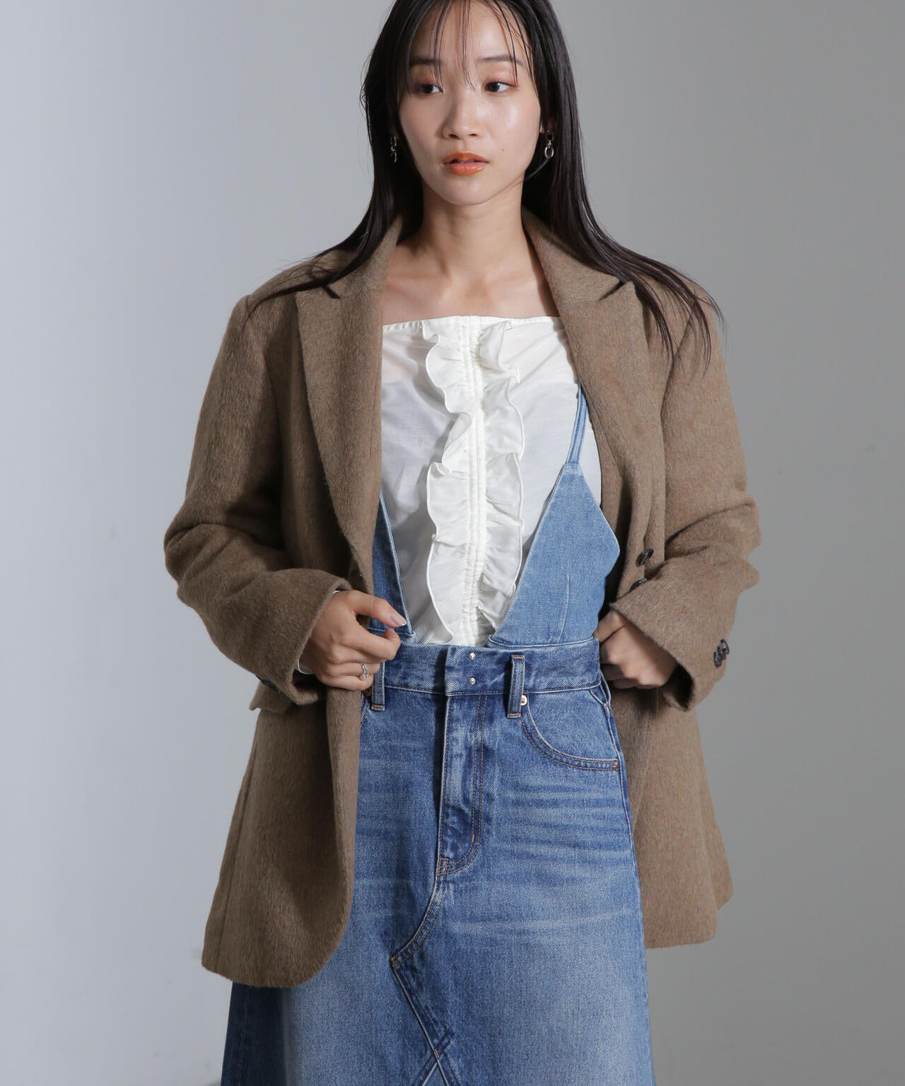 シルク 混 フロント フリル ブラウス