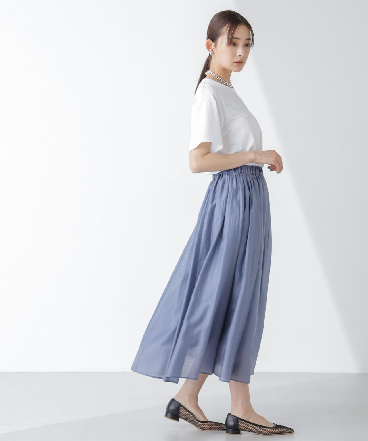 シアー サテン ギャザー フレア スカート（ セットアップ 可）
