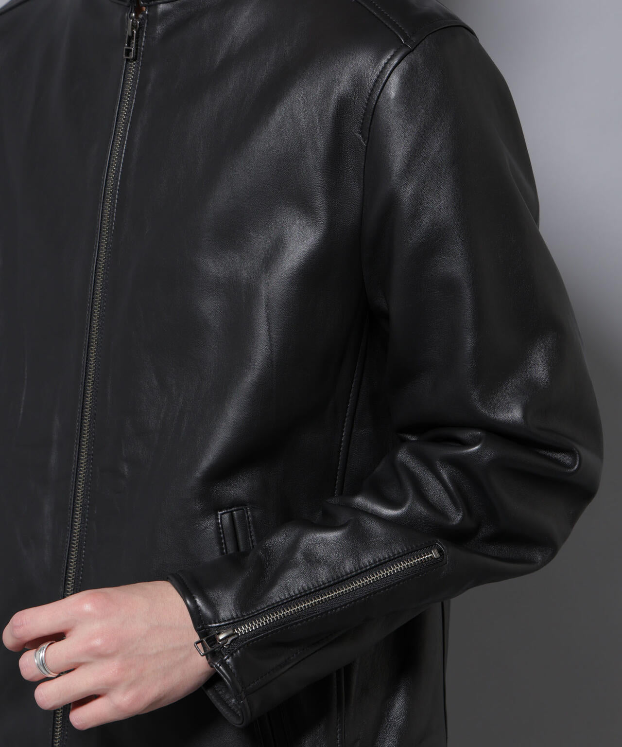 バンドカラー レザー シングルライダースジャケット