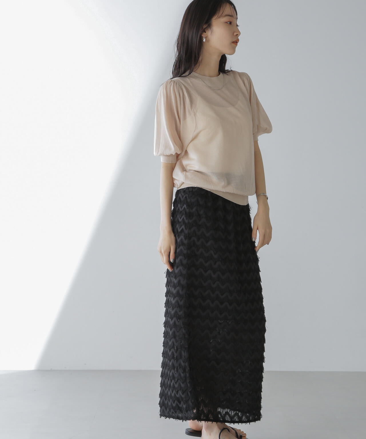 シアー ニット ボリュームスリーブ トップス