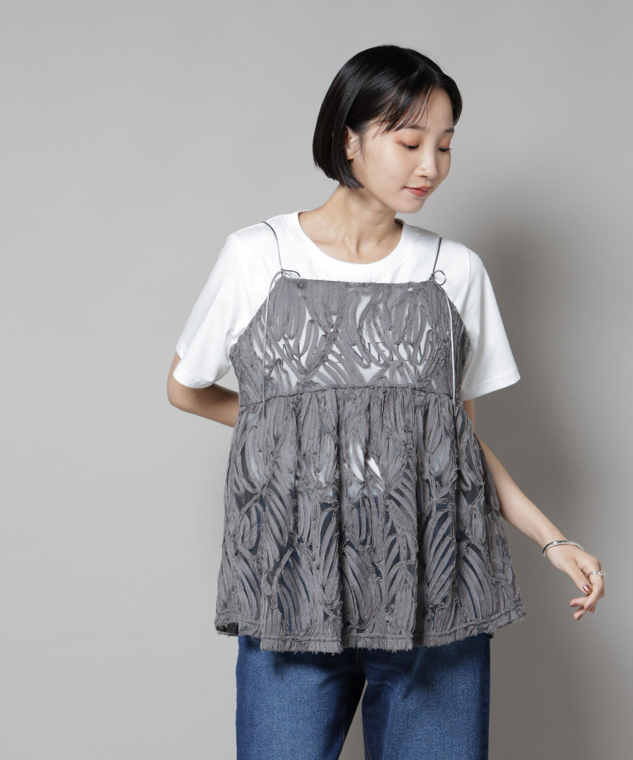 テープ刺繍 チュール 前後2way キャミソール ビスチェ ( セットアップ 可)