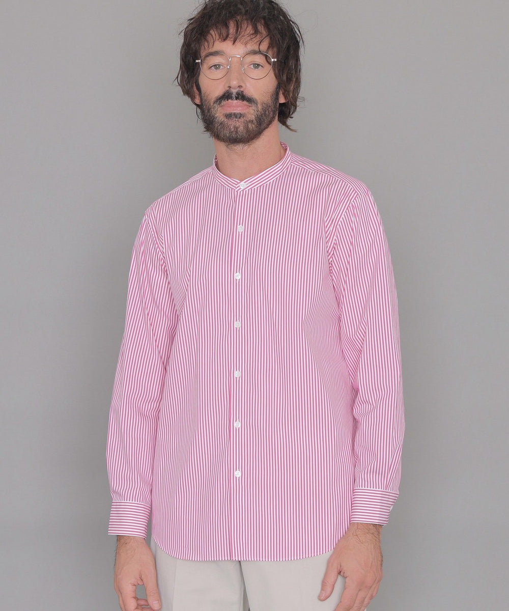 ストレッチタイプライターストライプバンドカラーシャツ(トップス