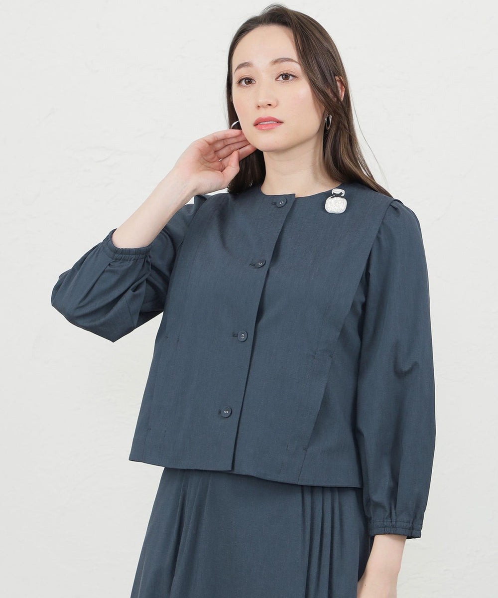 シャンブレーライクストレッチノーカラージャケット(ジャケット