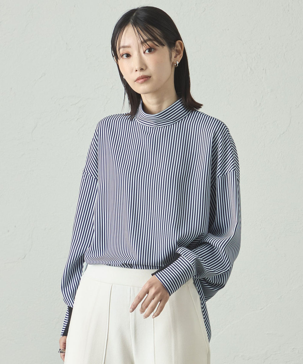 着用しわ軽減/吸水速乾】ストライプバックボタンブラウス(トップス