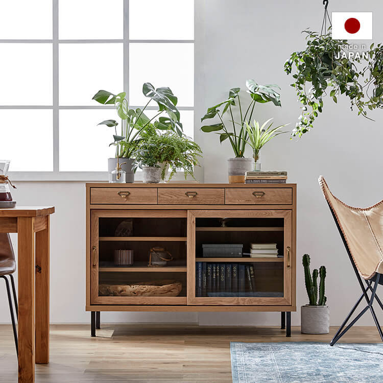 キャビネット 日本製 オーク無垢使用 アンティーク風 [幅120] | 【公式