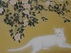 前本利彦、【椿下白猫】、希少画集画、新品高級額 額装付、状態良好