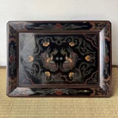 漆芸 山水松竹梅 蝋色塗硯蓋形座附膳 十客 金蒔絵 四方膳 蓬莱鶴亀