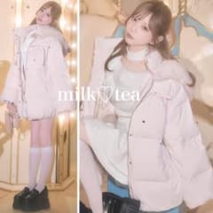 新品タグ付 ミシェルマカロン ピンク フリー ファーフードリボンダウン