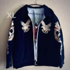50s復刻 ベルベットスーベニアジャケット 刺繍ドラゴン鷲 ネイビーXL