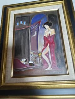 斎藤真一、絵画、油彩4号、蚊帳の月、高級額縁、肉筆、片岡球子、鴨居