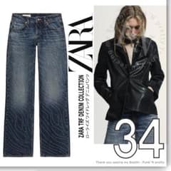 訳あり新品 ZARA TRF ローライズストラスワイドレッグ デニムパンツ 34