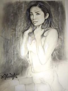 裸婦、美人画、絵画4号、寝室、W、山本英二、真作、肉筆、新品額縁