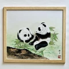 肉筆水墨画 細筆画「パンダの絵」美術品 シャンシャン レイレイ 上野