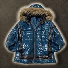 00s y2k ファーダウンジャケット 平成 お兄系 光沢 タイト 青緑 短丈