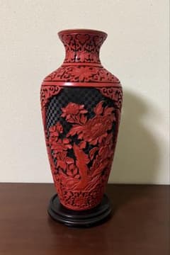 堆朱花瓶 高さ約31㎝ 骨董品 細密彫刻 中国美術漆工芸 花入 花台付き
