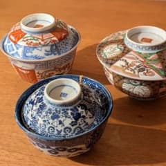 骨董✦古伊万里✦蓋付き陶器碗 3点セット 色絵金彩上手 印判 江戸明治