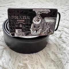 良品 PRADA プラダ レザーベルト 機関車プレート 05379 黒 銀 - メルカリ
