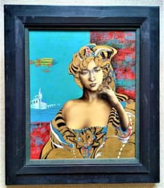 作者不詳 仮タイトル「ドレスを着た婦人図」F8号油彩画金が使われた