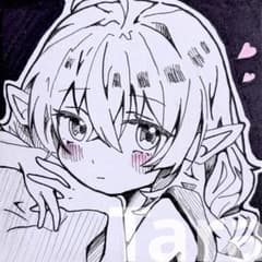 手描き イラスト オリジナル アナログ 色紙 エルフ ロング モノクロ