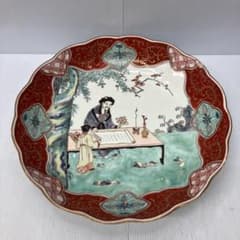 希少】江戸後期？ 古伊万里 色絵 唐人図 大皿 径約32cm 輪花皿 骨董品