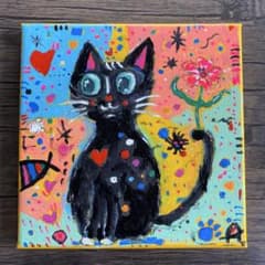 カラフルな猫のアクリル絵画抽象画アクリル画インテリア「ドット猫の