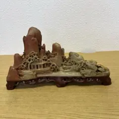 中国美術 骨董アンティーク 石彫 置物 装飾品 灰皿 小物入 木製台座付