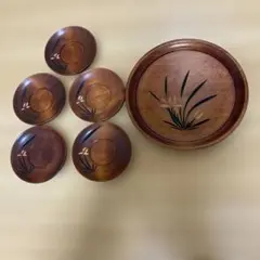 讃岐彫お盆と茶托5枚セット 花模様を掘り込んだ伝統工芸品 レトロ