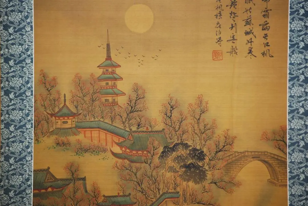 模写/張継/寒山寺画賛/寒山寺/楓橋夜泊/布袋屋掛軸HJ-637