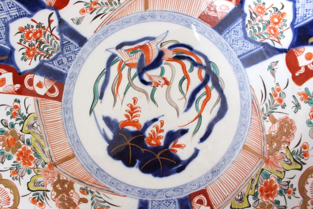 No4436 古伊万里 染錦大皿2点 赤絵 金襴手 鳳凰 花鳥 古美術 送料無料