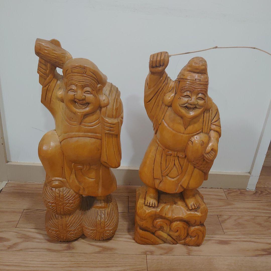 大黒天　恵比寿　木彫り2体