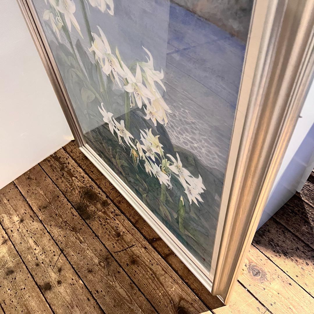 百合 ユリの花 水彩画 はまゆう シルバーフレーム 40号 壁掛け - メルカリ