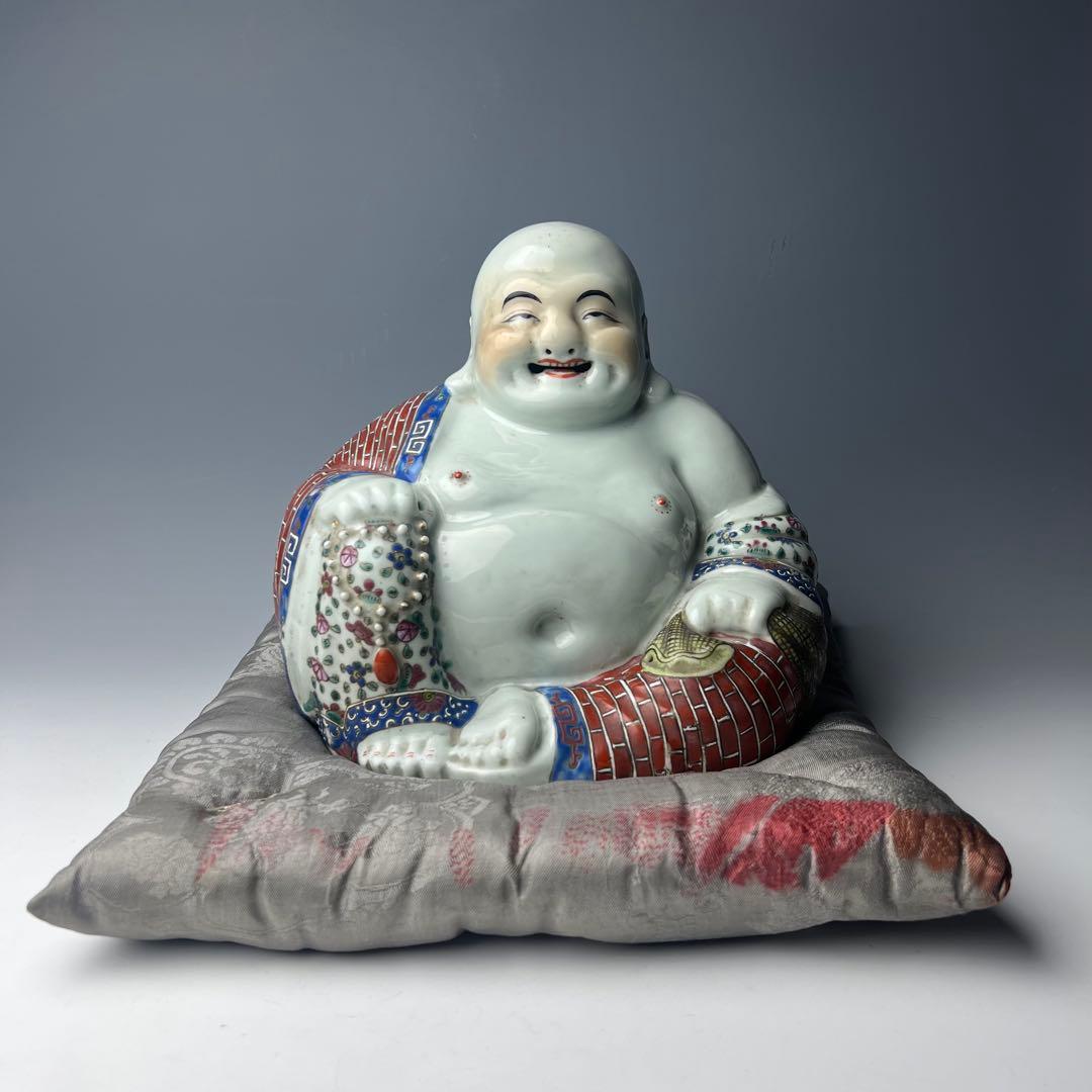 優美 粉彩布袋 江西景徳 朱茂記造 底款 色絵 布袋像 座布団付 仏教中国美術