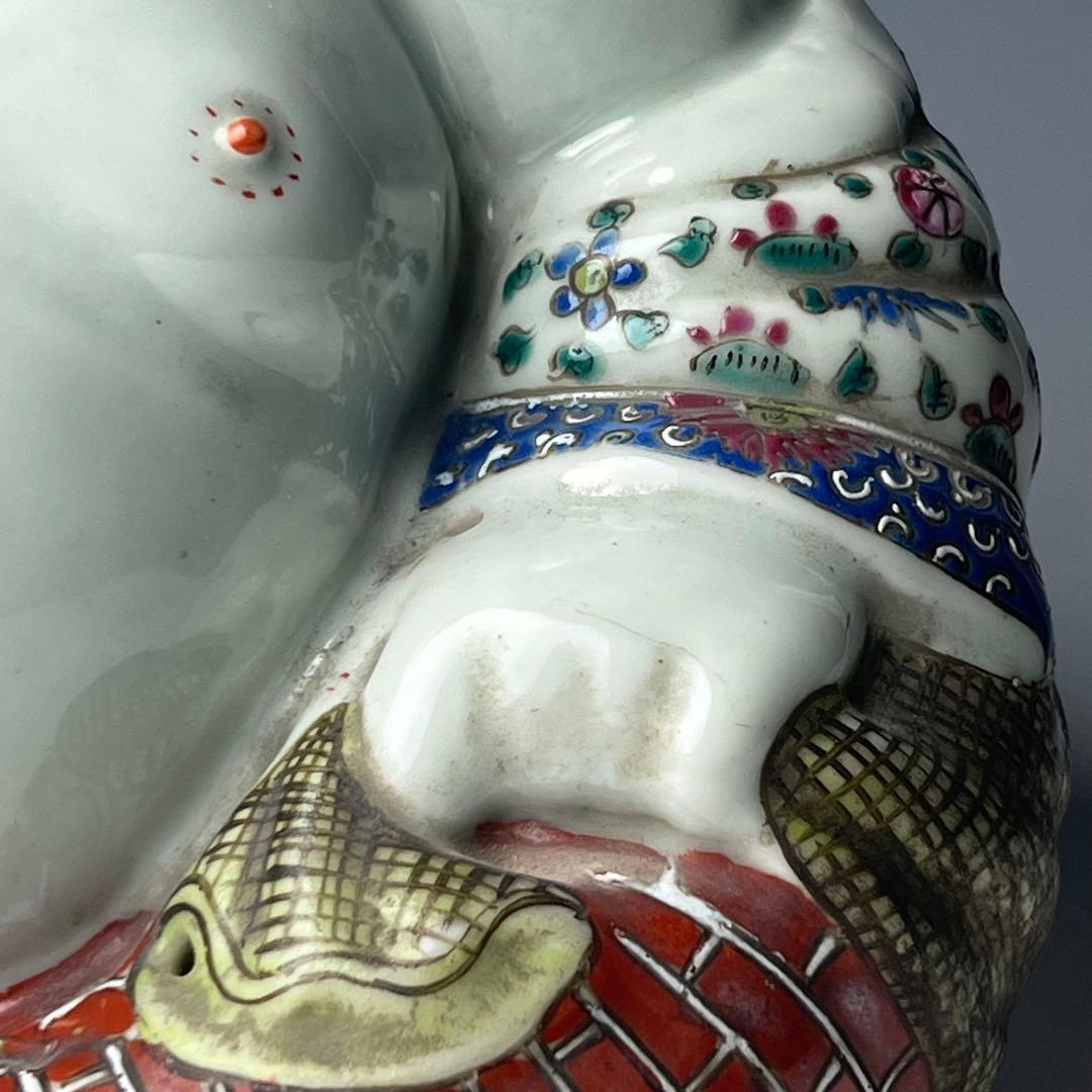 優美 粉彩布袋 江西景徳 朱茂記造 底款 色絵 布袋像 座布団付 仏教中国