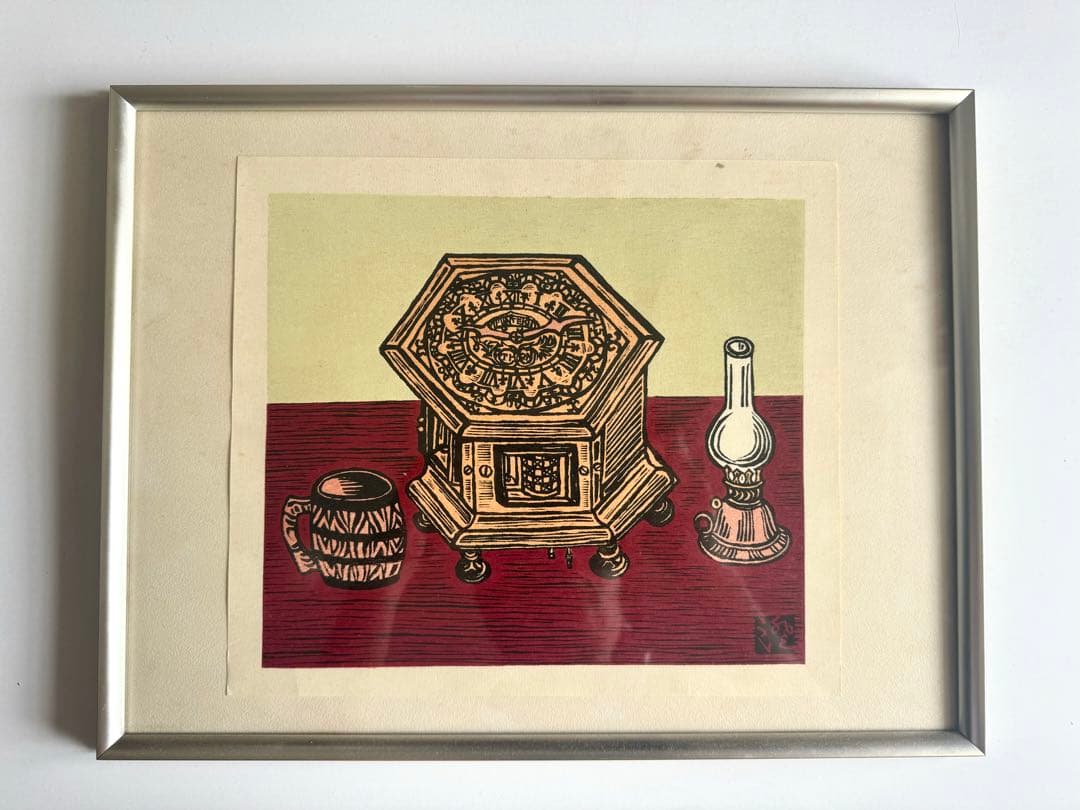時計とコップ 川上澄生 額装 木版画 堀田時計店 1971年 Gallery｜堀田時計店ミュージアム