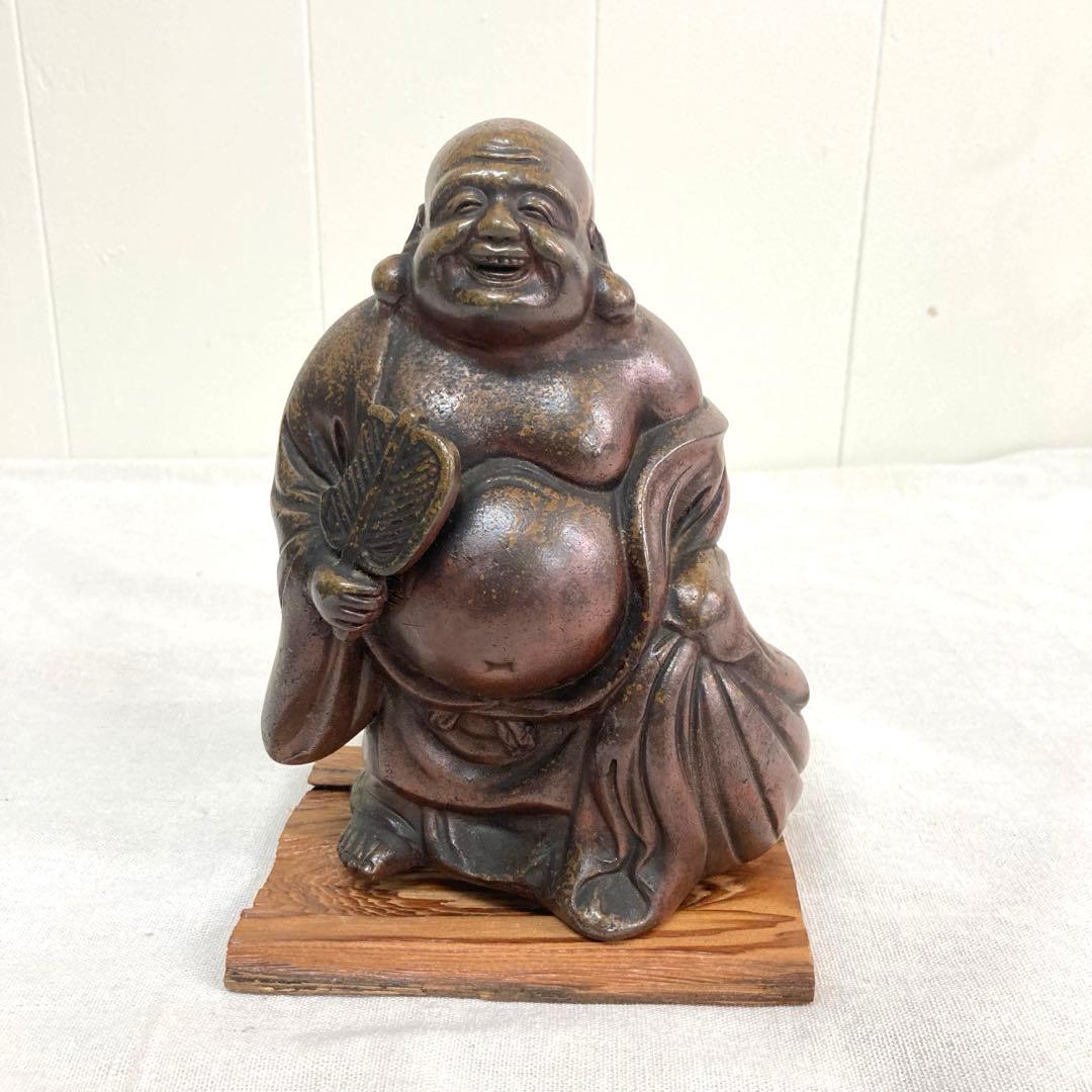 備前焼 布袋様 陶像 木製台座付き 時代物 焼き物 伝統工芸