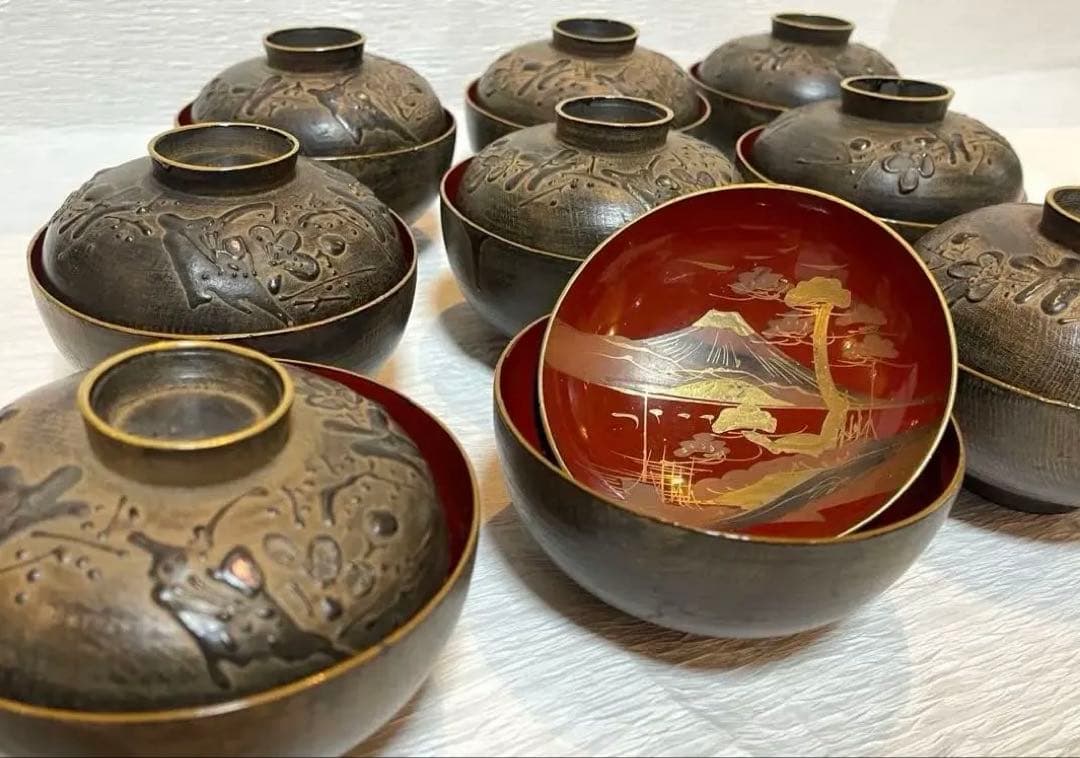 鉄錆塗　会津　吸物椀　9客　骨董　蓋付き椀　明治大正時代148