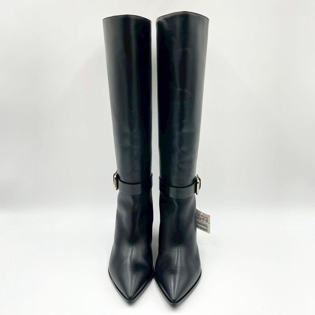 ポリーニ ロングブーツ ポインテッドトゥ 本革 36 黒 イタリア製 Y1138