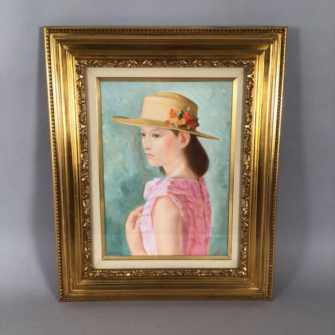 No3927 佐田昌治「花帽子の少女」　油彩画　直筆サイン　黄袋/畳箱　送料無料 No3927 佐田昌治「花帽子の少女」 油彩画 直筆サイン 黄袋/畳箱 送料