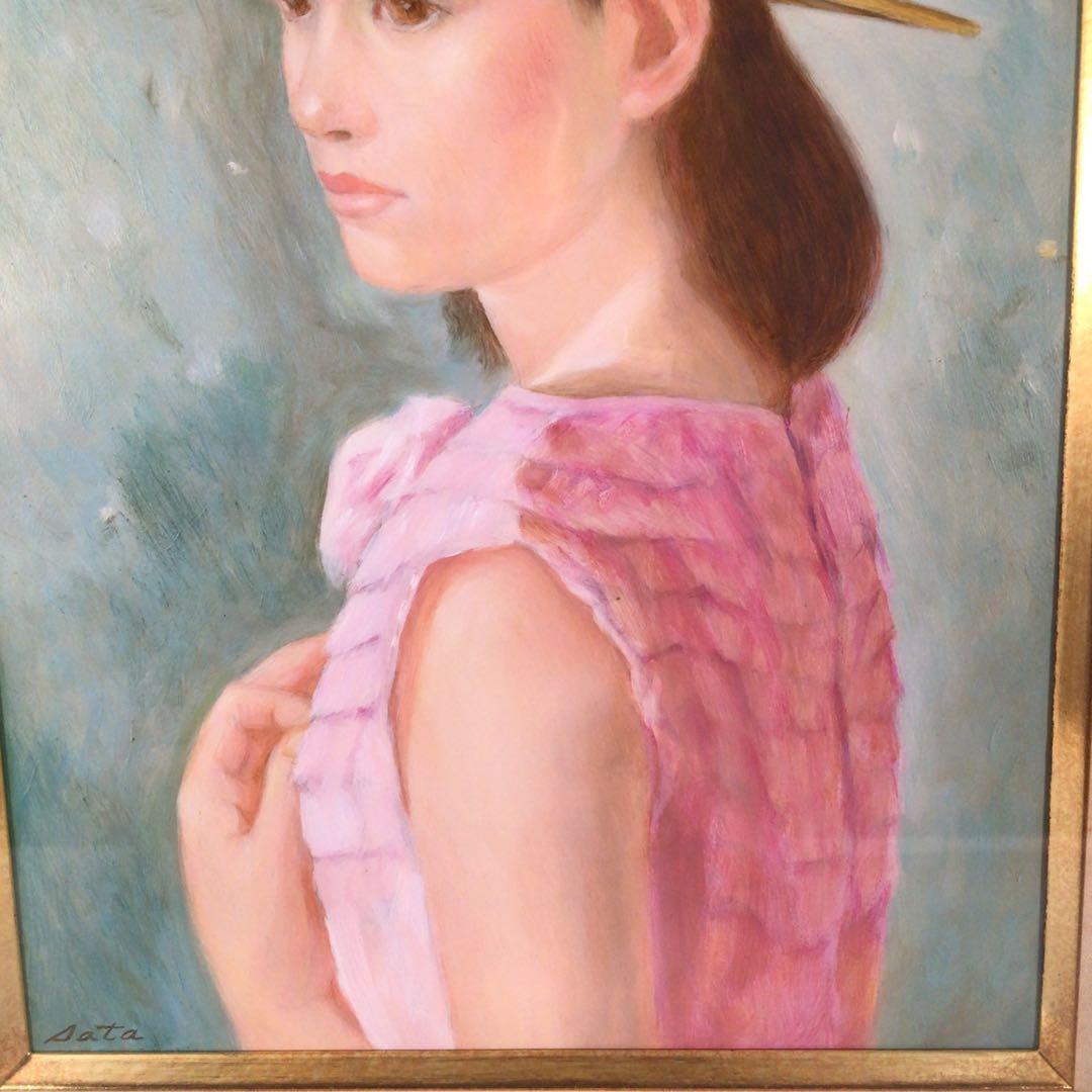 No3927 佐田昌治「花帽子の少女」 油彩画 直筆サイン 黄袋/畳箱 送料