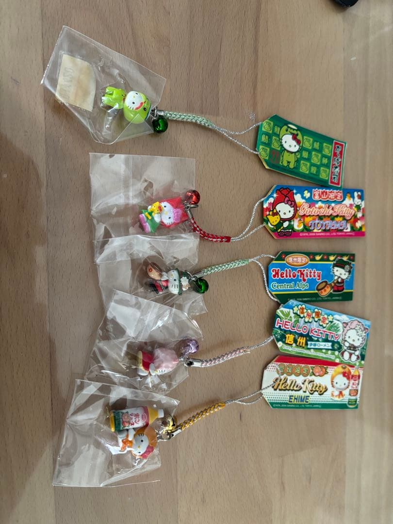 【未使用】ご当地キティ 根付け 5点 かっぱ寿司 / 愛媛ポンジュース / 富山