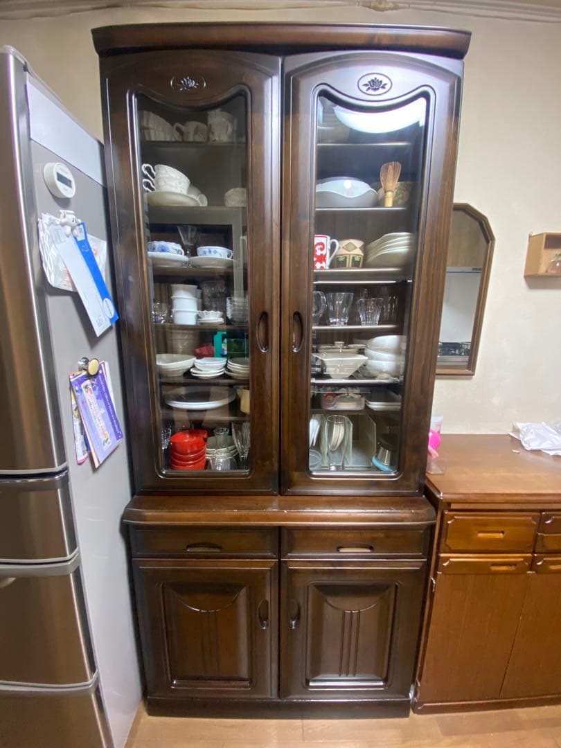 木製食器棚 ガラス扉付き ダークブラウン