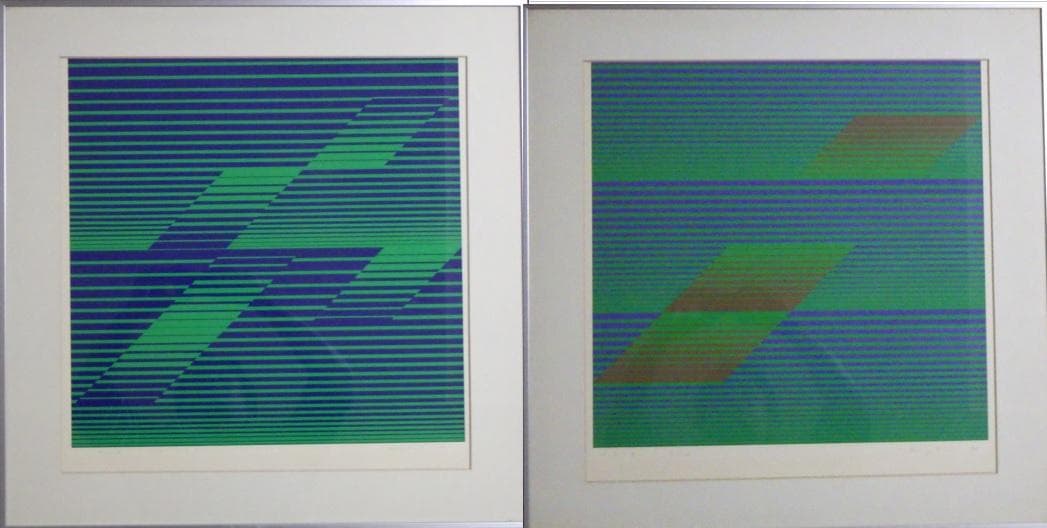 真作 2作品 幾何学絵画 シルクスクリーン 谷浩二 10部限定 サイン 額装 箱