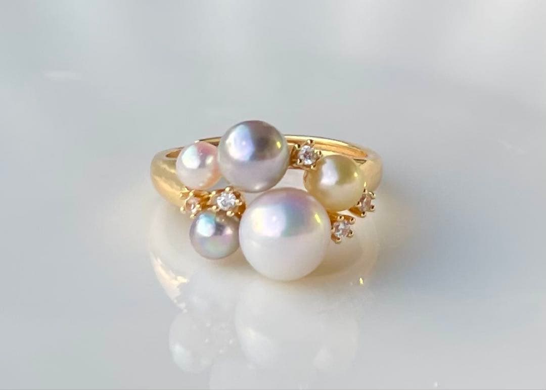 あこや真珠 ミラー調本真珠 s925リング 指輪 マルチカラー 一点物 白の序章