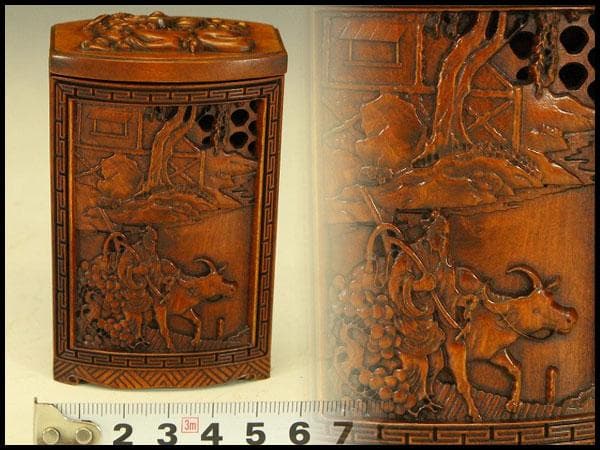 中国美術 高揚木 刻 人物紋 印籠 蓋提物 細密彫刻 高9cm(HA403)