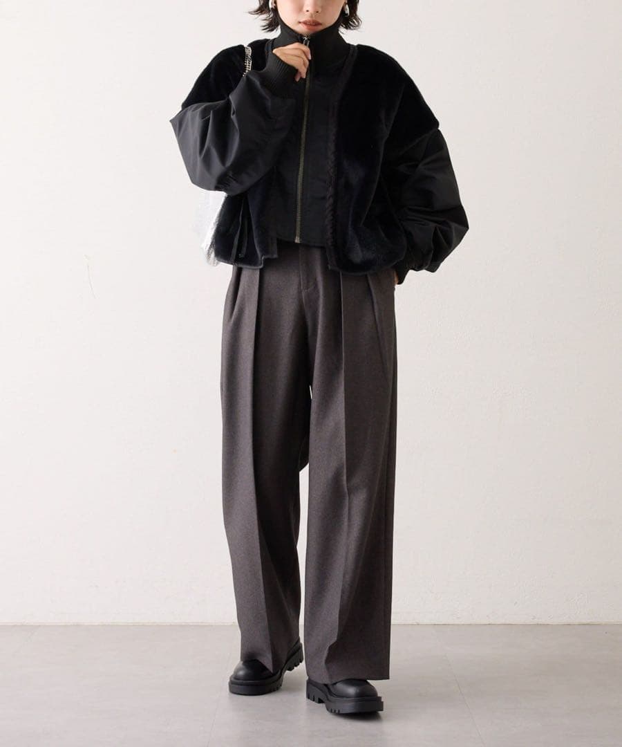 チャオパニックティピーetsinta ファー切替ショートスタンドジャケット黒