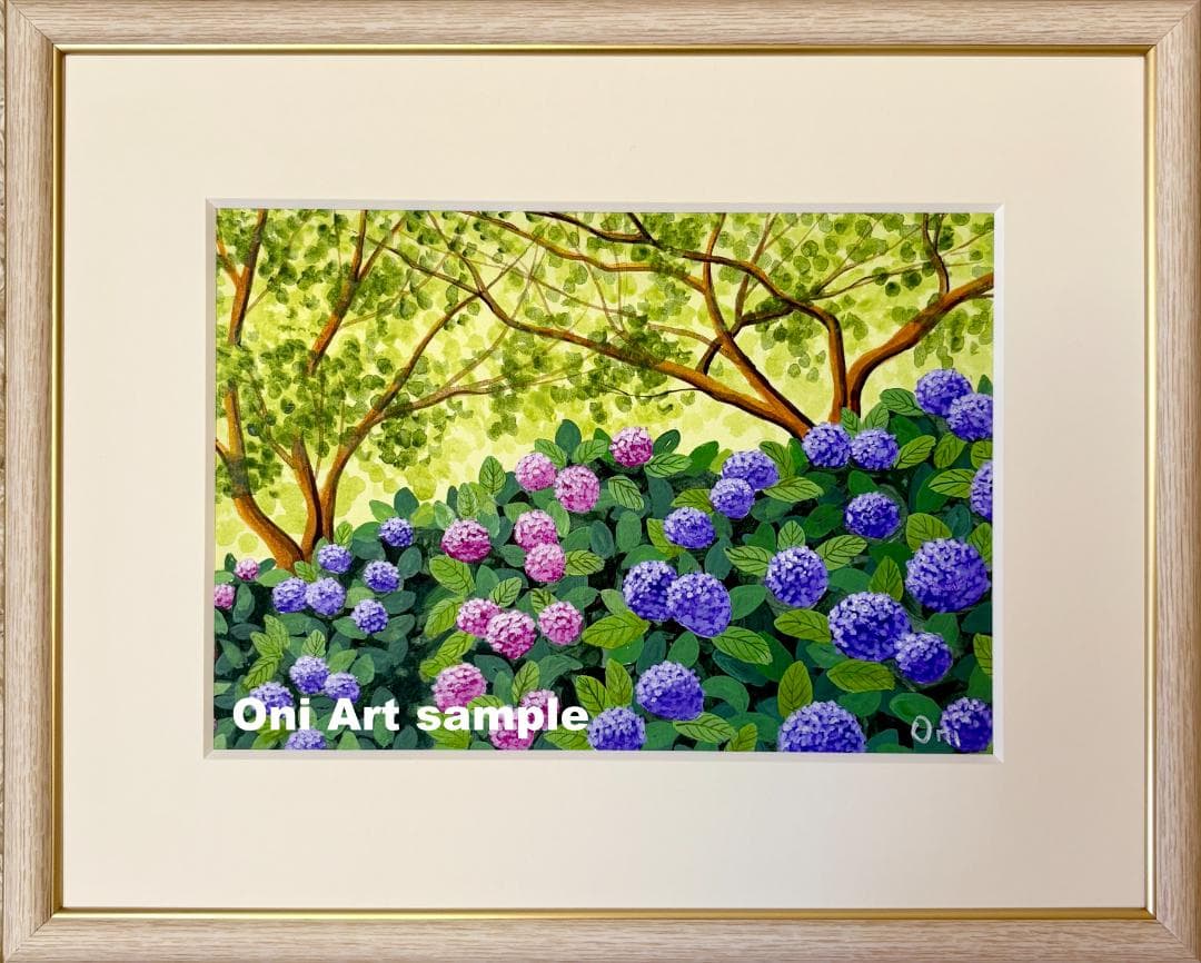 アクリル画　原画　「紫陽花02」額縁付　SMサイズ　風景画